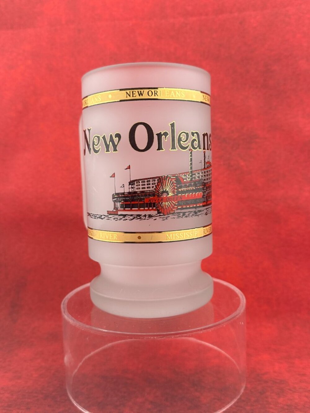 VINTAGE NEW ORLEANS MISSISSIPPI RIVER "RIVER QUEEN" COFFEE FROSTED GLASS MUG